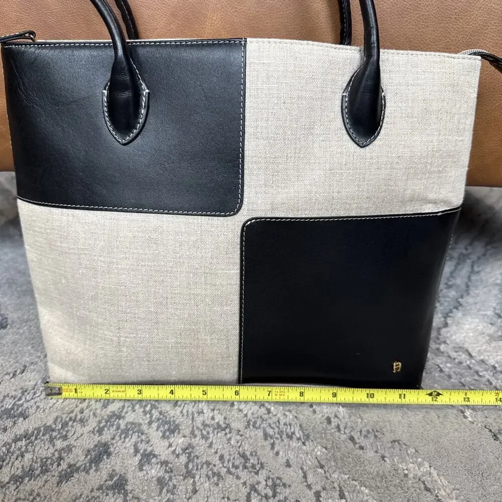 Vtg Y2K Etienne Aigner Southport Linen Satchel Bag Black Leather Panel Purse